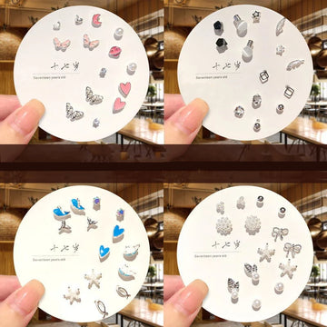 DAIIIBABYYY  -  Korean Fashion New Week Stud Earrings Set for Women Mini Sweet Pearl Heart Bow Rainbow Earring Luxury Jewelry Gift